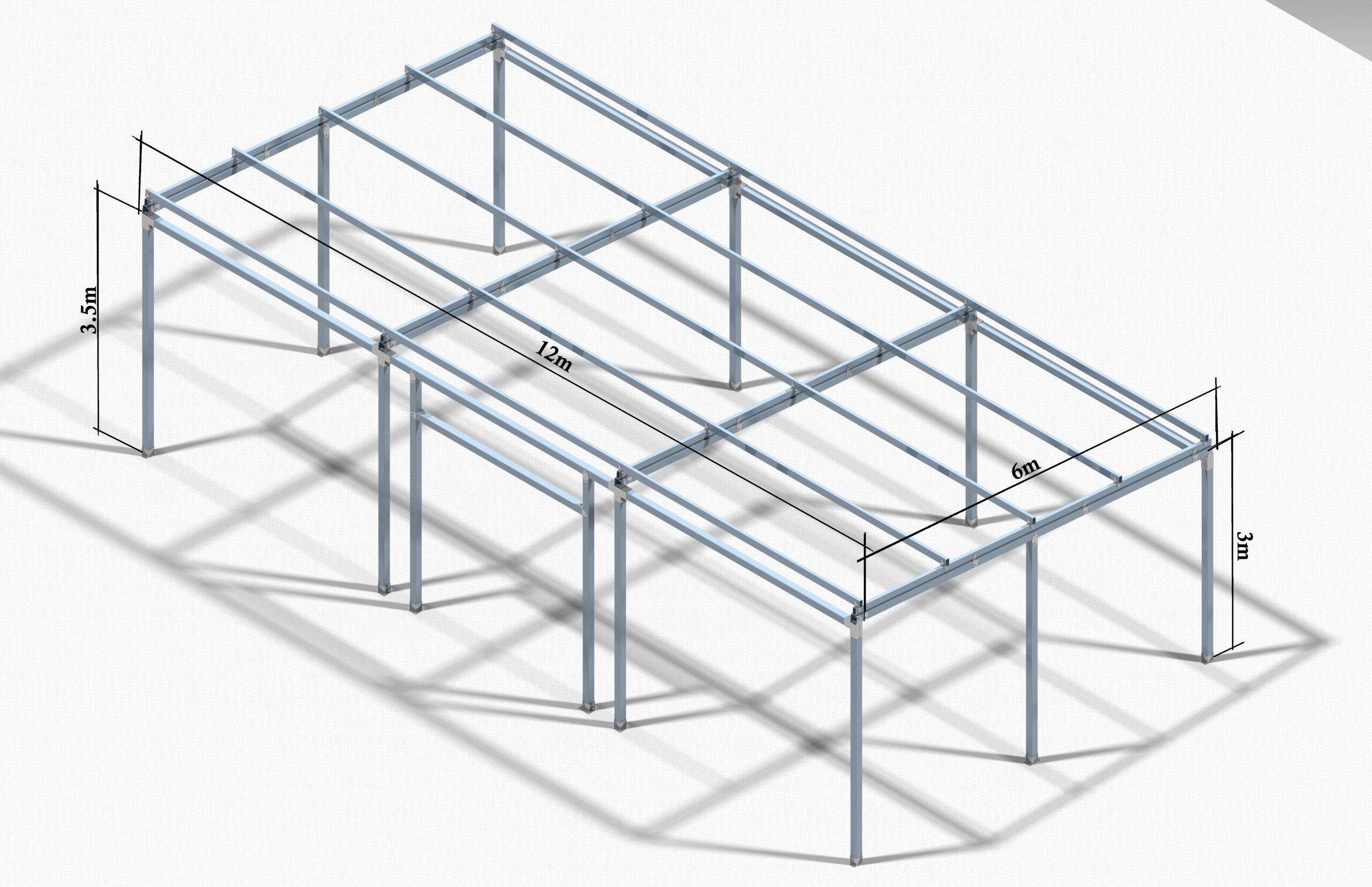Structura metalica zincata premium 6x12 m cu conectori pantentati cu prindere cu suruburi.